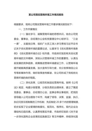 某公司落实营商环境工作情况报告