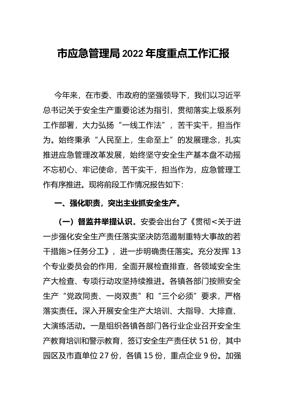 市应急管理局2022年度重点工作汇报_第1页