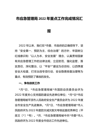 市应急管理局2022年重点工作完成情况汇报