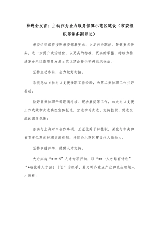 推进会发言：主动作为全力服务保障示范区建设（市委组织部常务副部长）