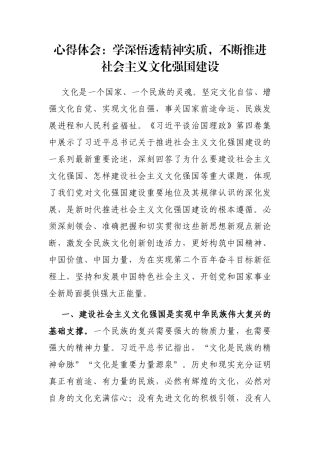 心得体会：学深悟透精神实质，不断推进社会主义文化强国建设