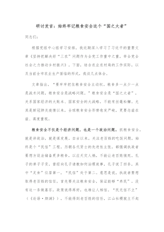 研讨发言：始终牢记粮食安全这个“国之大者”