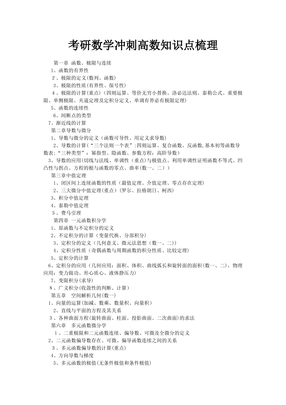 2024年考研数学冲刺高数知识点梳理_第1页