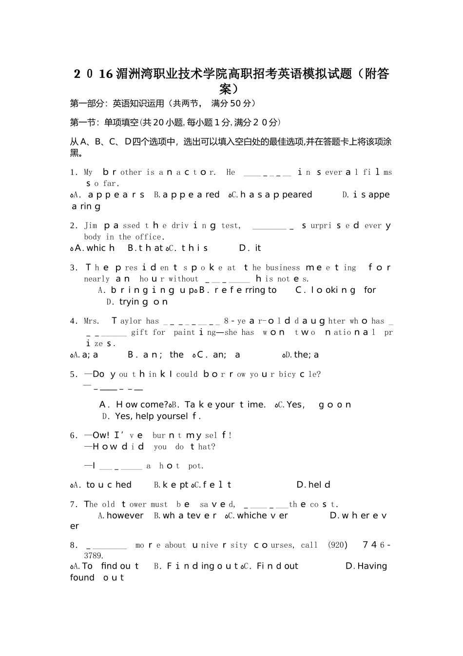 2024年湄洲湾职业技术学院高职招考英语模拟试题附答案_第1页