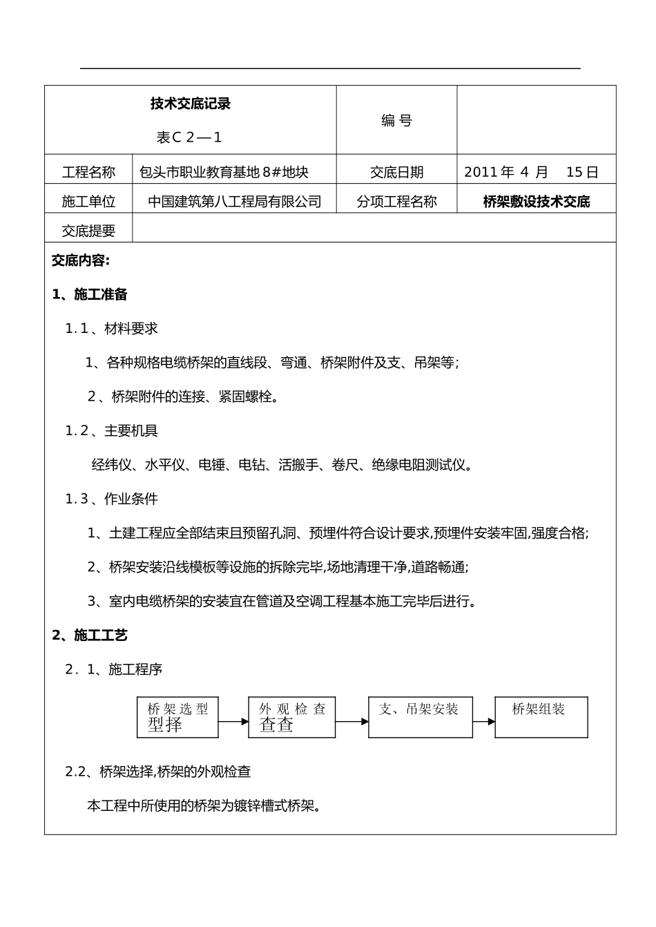 2024年桥架安装技术交底记录全套_第1页