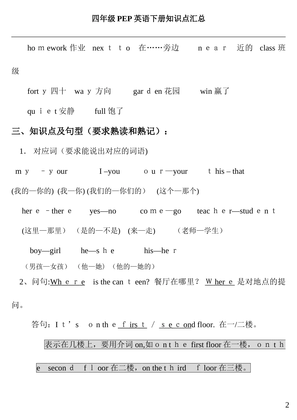 2024年人教版PEP四年级英语下册知识点归纳总结_第2页