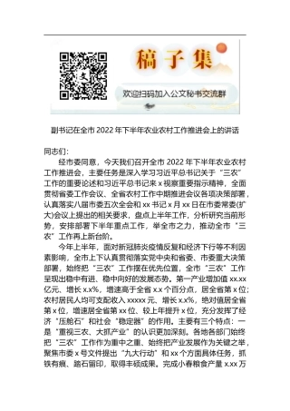 副书记在全市2022年下半年农业农村工作推进会上的讲话