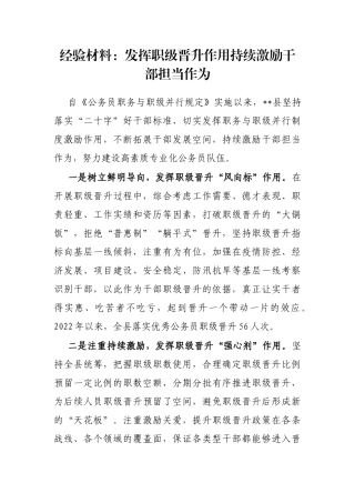 经验材料：发挥职级晋升作用持续激励干部担当作为