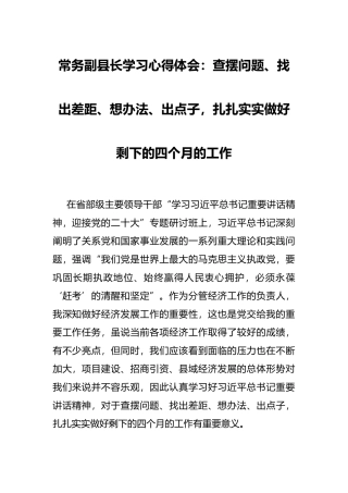 常务副县长学习心得体会：查摆问题、找出差距、想办法、出点子，扎扎实实做好剩下的四个月的工作