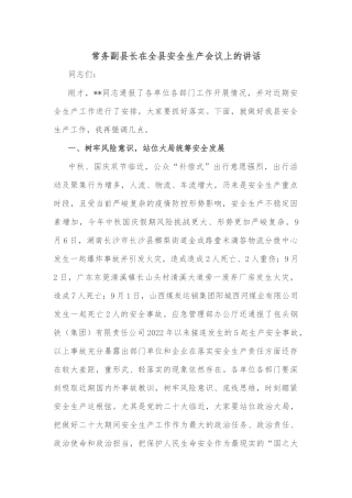常务副县长在全县安全生产会议上的讲话