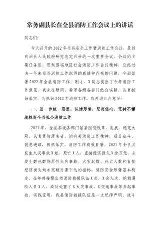 常务副县长在全县消防工作会议上的讲话