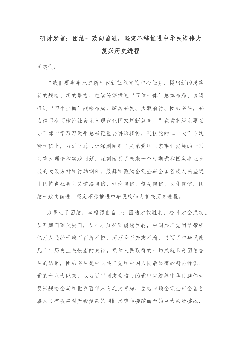 研讨发言：团结一致向前进，坚定不移推进中华民族伟大复兴历史进程_第1页