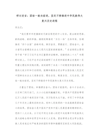 研讨发言：团结一致向前进，坚定不移推进中华民族伟大复兴历史进程