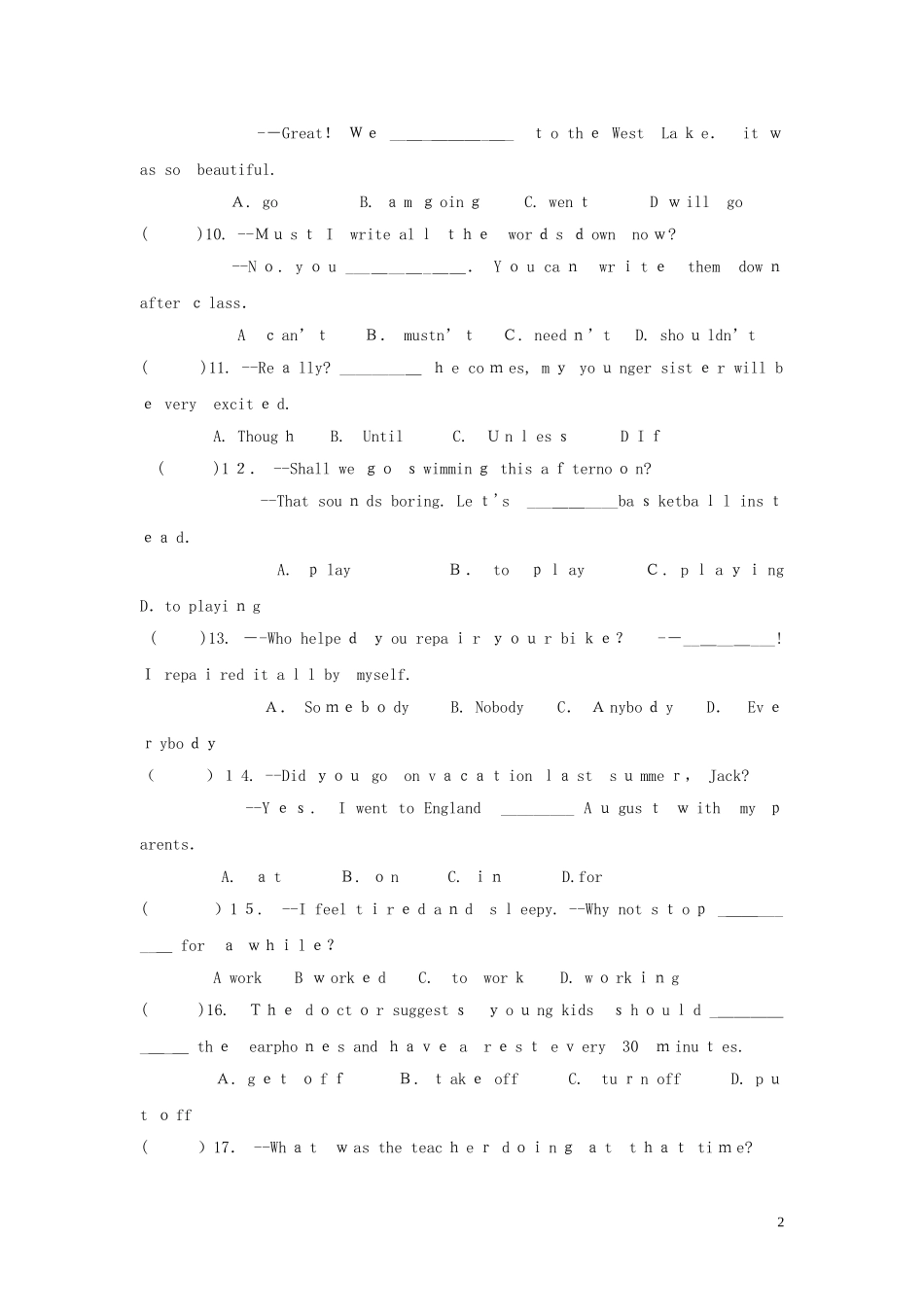 2024年小升初英语分班考试模拟题无答案_第2页