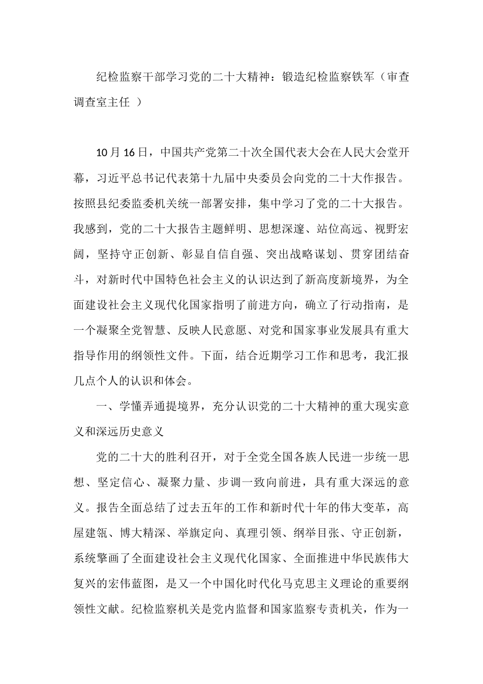 纪检监察干部学习党的二十大精神：锻造纪检监察铁军（审查调查室主任+）_第1页