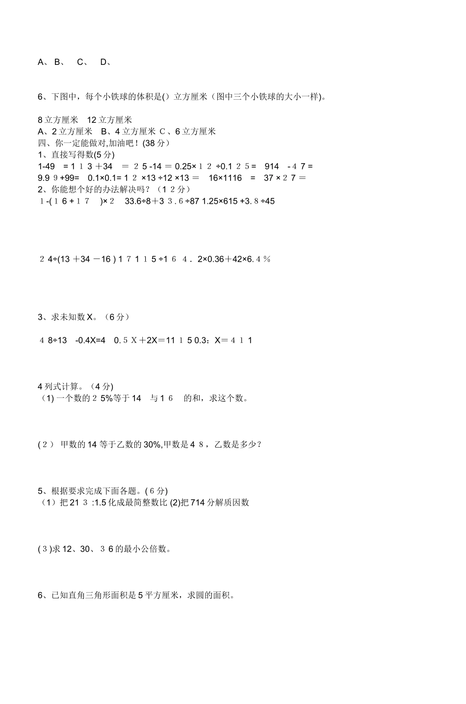 2024年小学六年级数学升学考试模拟试卷_第2页