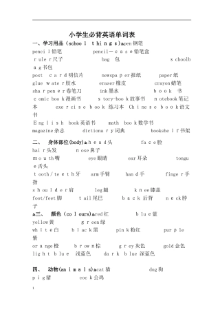 2024年小学生必背英语单词词组