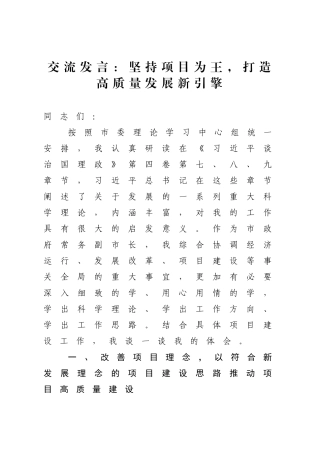 交流发言：坚持项目为王，打造高质量发展新引擎