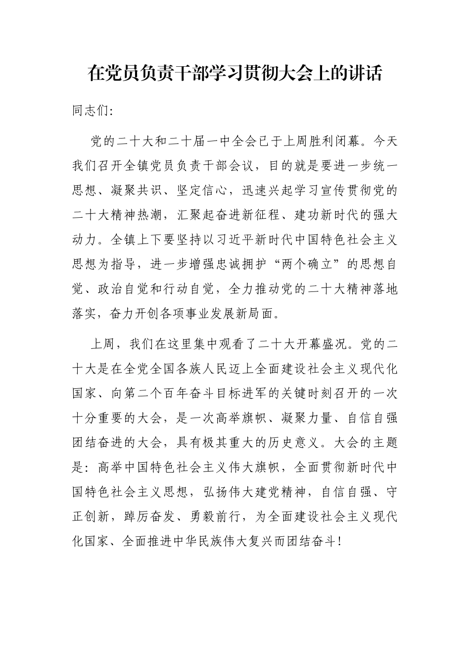 在党员负责干部学习贯彻大会上的讲话_第1页