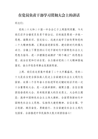 在党员负责干部学习贯彻大会上的讲话