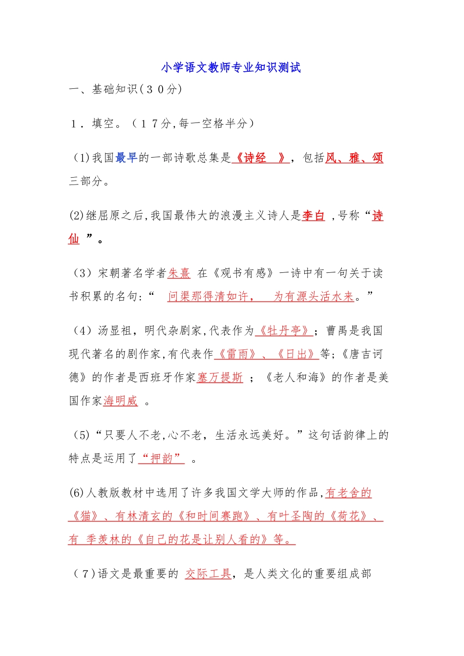 2024年小学语文教师专业知识测试_第1页