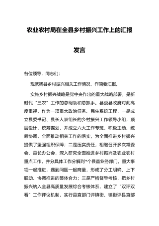 农业农村局在全县乡村振兴工作上的汇报发言