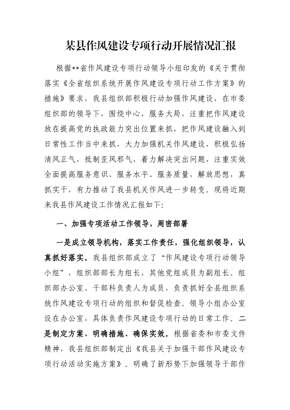 某县作风建设专项行动开展情况汇报_第1页