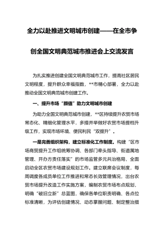 全力以赴推进文明城市创建——在全市争创全国文明典范城市推进会上交流发言