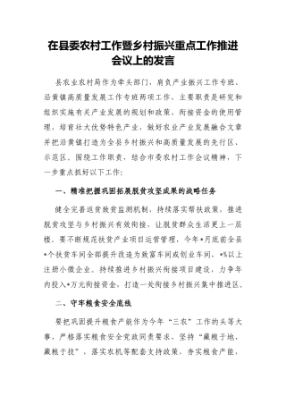 在县委农村工作暨乡村振兴重点工作推进会议上的发言