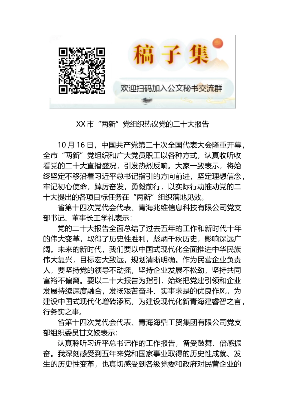 X市“两新”党组织热议党的二十大报告_第1页
