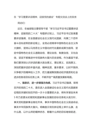 X在“学习重要讲话精神，迎接党的盛会”专题交流会上的发言