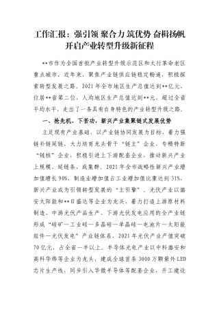 工作汇报：强引领 聚合力 筑优势 奋楫扬帆开启产业转型升级新征程