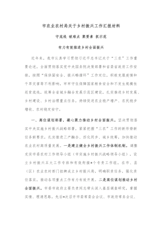 市农业农村局关于乡村振兴工作汇报材料