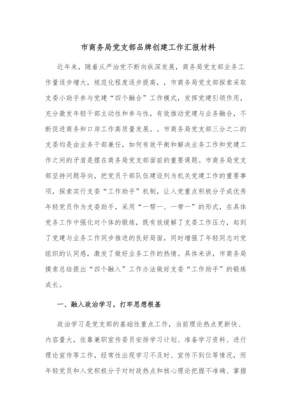 市商务局党支部品牌创建工作汇报材料_第1页