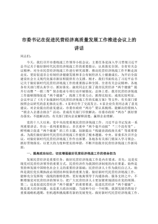 市委书记在促进民营经济高质量发展工作推进会议上的讲话