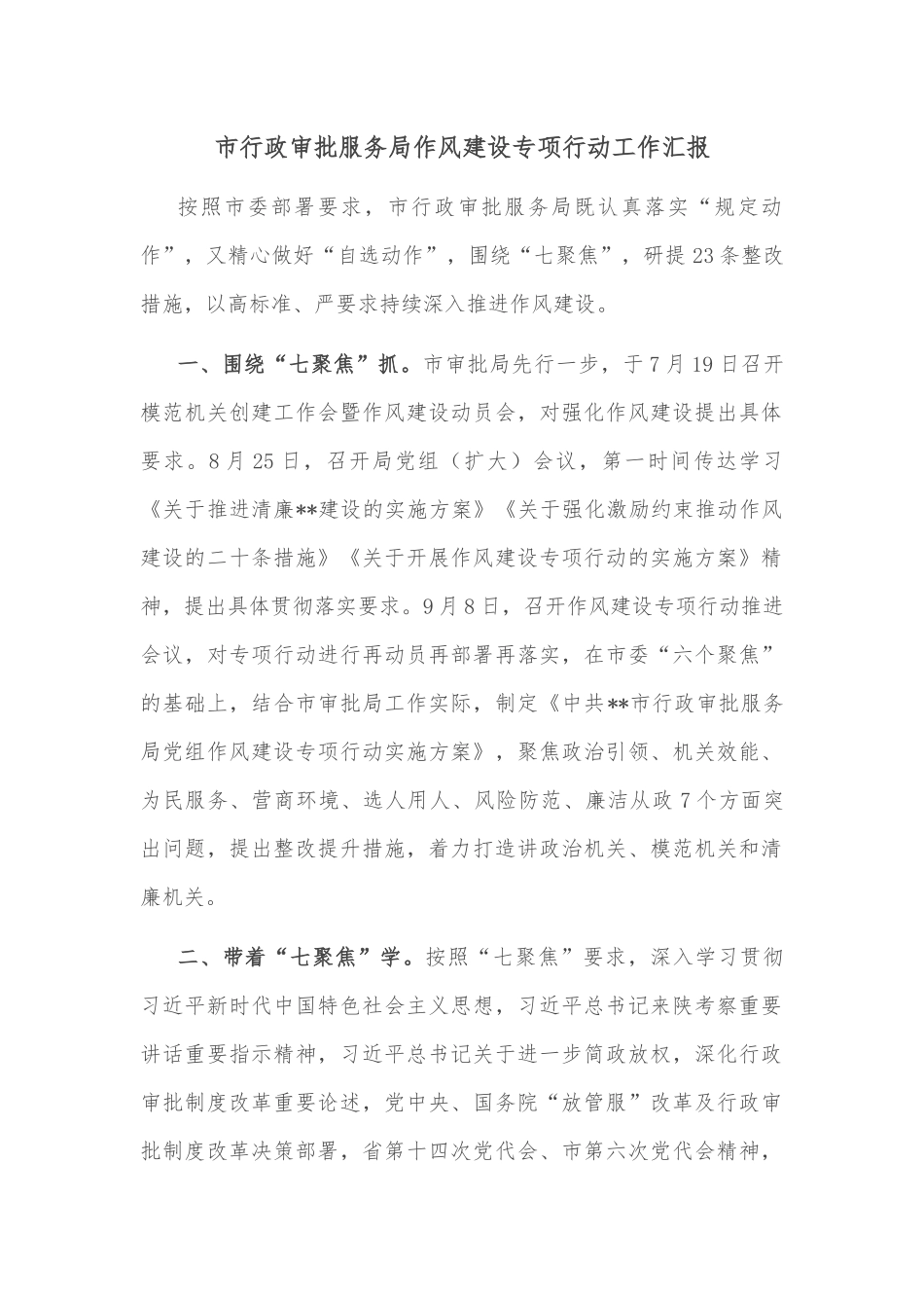 市行政审批服务局作风建设专项行动工作汇报_第1页