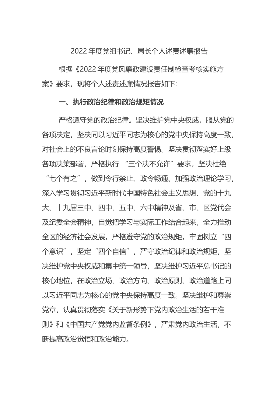2022年度党组书记、局长个人述责述廉报告_第1页