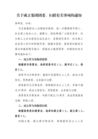 关于成立集团团委、妇联有关事项的通知