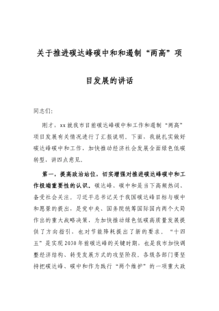 关于推进碳达峰碳中和和遏制“两高”项目发展的讲话