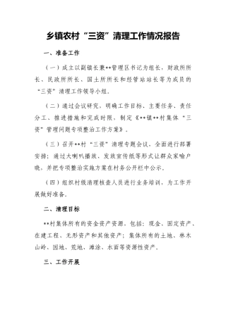 乡镇农村“三资”清理工作情况报告