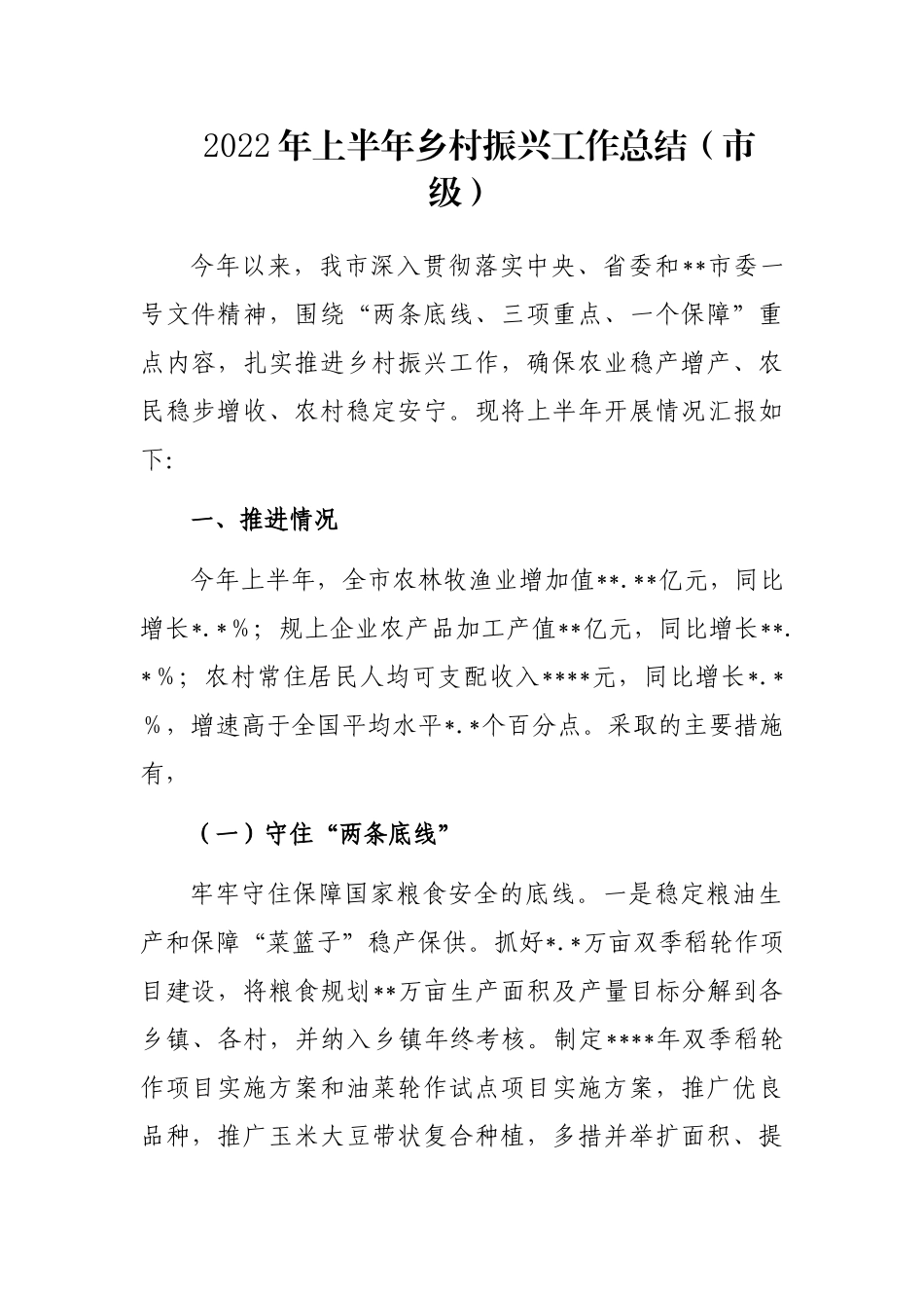 2022年上半年乡村振兴工作总结（市级）_第1页
