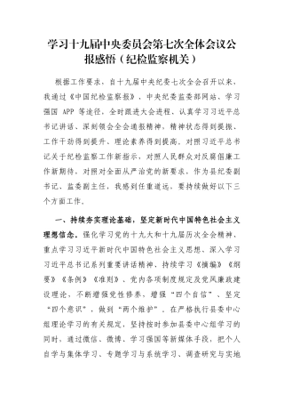学习十九届中央委员会第七次全体会议公报感悟（纪检监察机关）