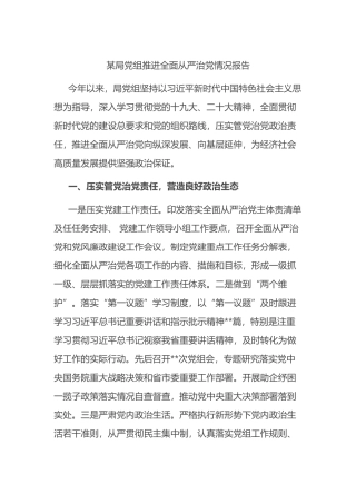 某局党组推进全面从严治党情况报告汇报总结报告 