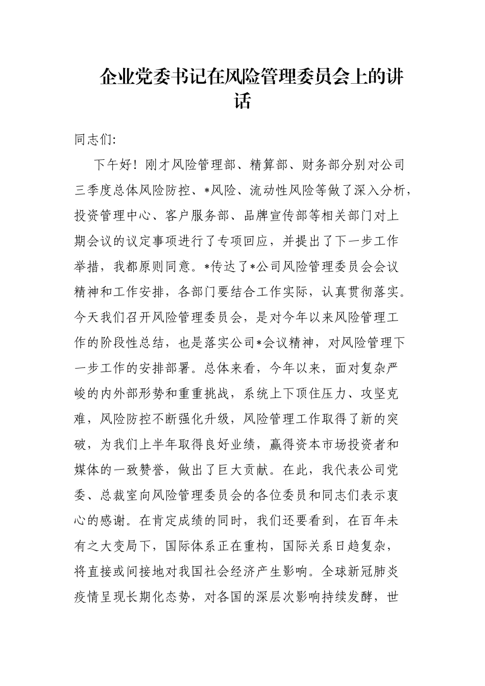 企业党委书记在风险管理委员会上的讲话_第1页