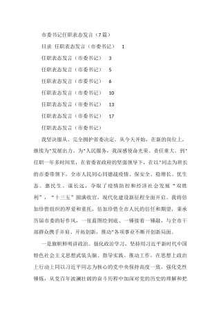 (7篇)市委书记任职表态发言