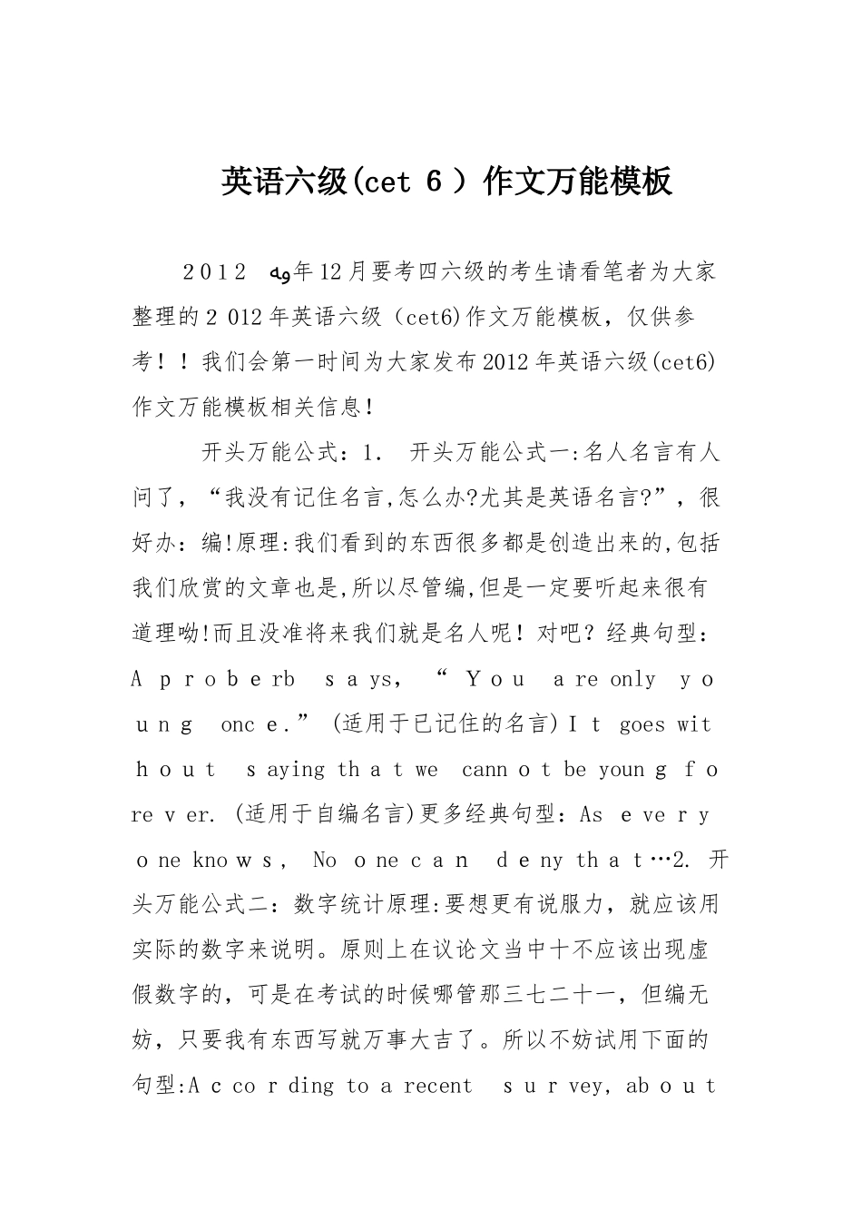 2024年英语六级(cet6)作文万能模板_第1页