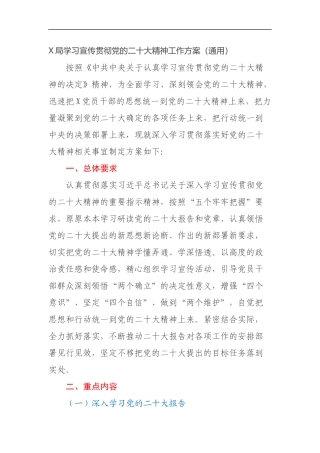 X局学习宣传贯彻党的二十大精神工作方案（通用）