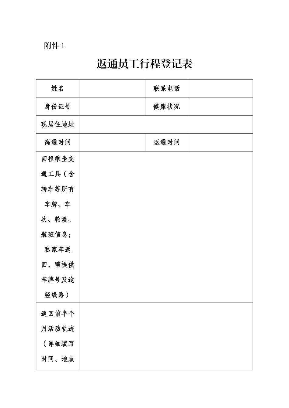 返通员工行程登记表和承诺书_第1页
