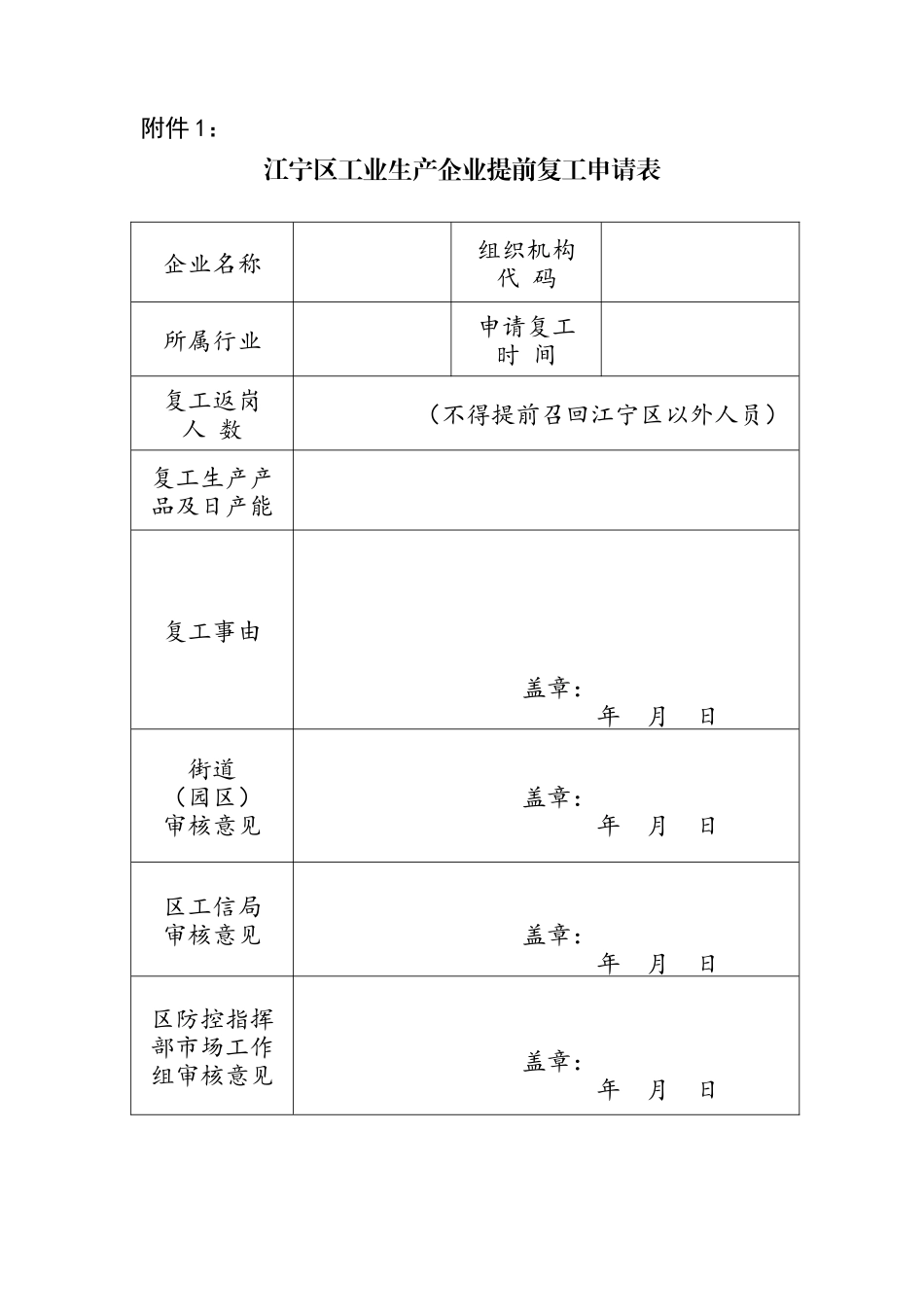 附件1：江宁区工业生产企业提前复工申请表_第1页