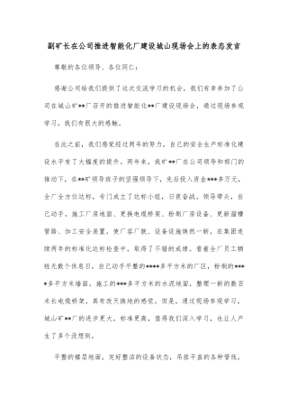 副矿长在公司推进智能化厂建设城山现场会上的表态发言